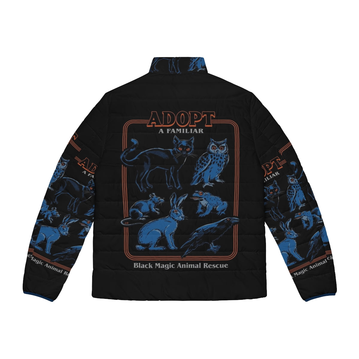 Vintage puffer jacket with a witchcraft and horror-inspired design featuring various animal familiars - Back