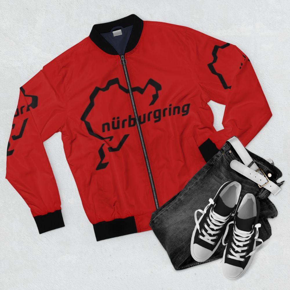 Nurburgring inspired bomber jacket with racing graphics - Flat lay