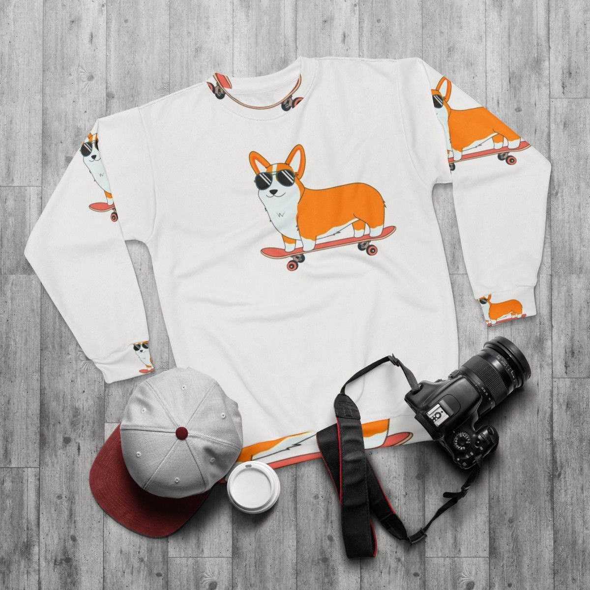 Corgi skater sweatshirt with digital vector graphics - flat lay