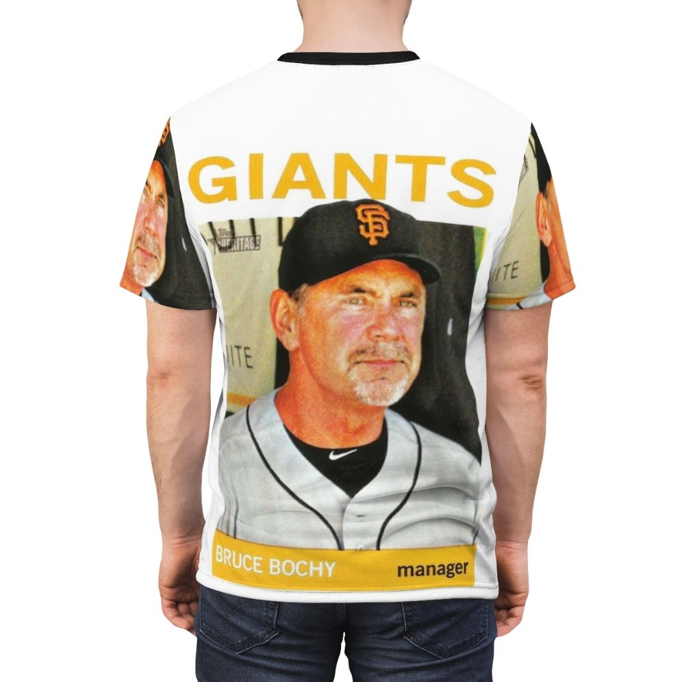 Stylish t-shirt featuring a design honoring legendary baseball manager Bruce Bochy - men back