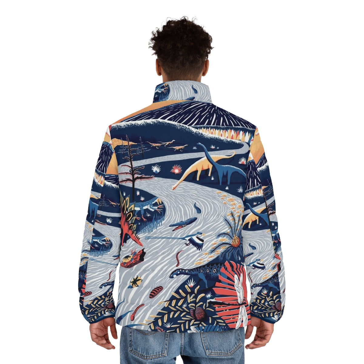 Jurassic puffer jacket featuring a colorful, limited palette design inspired by prehistoric animals - men back