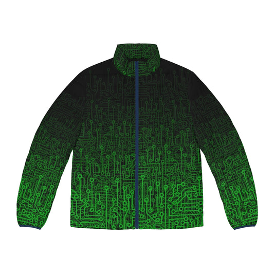 Green puffer jacket with circuit board and microchip design elements