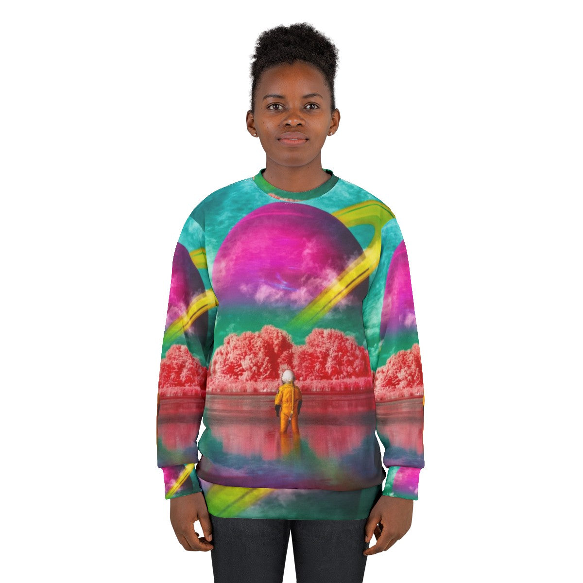 Surreal digital art sweatshirt with river and astronaut design - women