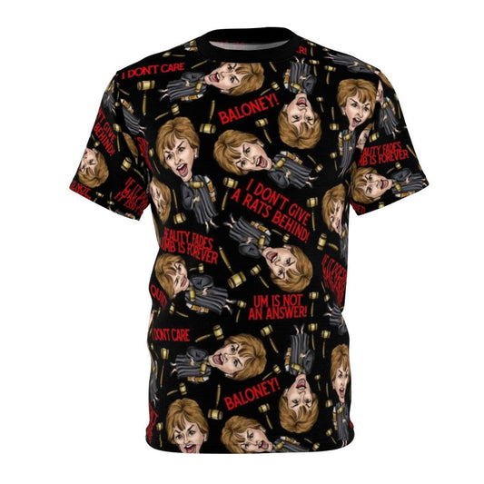 A high-quality all-over-print t-shirt featuring a bold Judge Judy design, perfect for fans of the iconic reality TV personality.