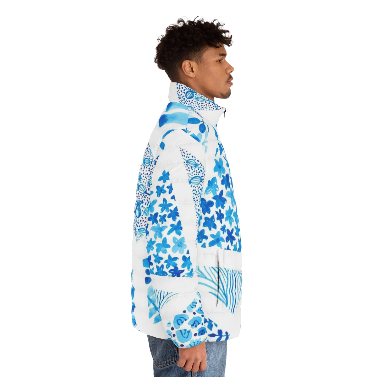 Blue abstract pattern puffer jacket with geopatterning and nature-inspired design - men side right