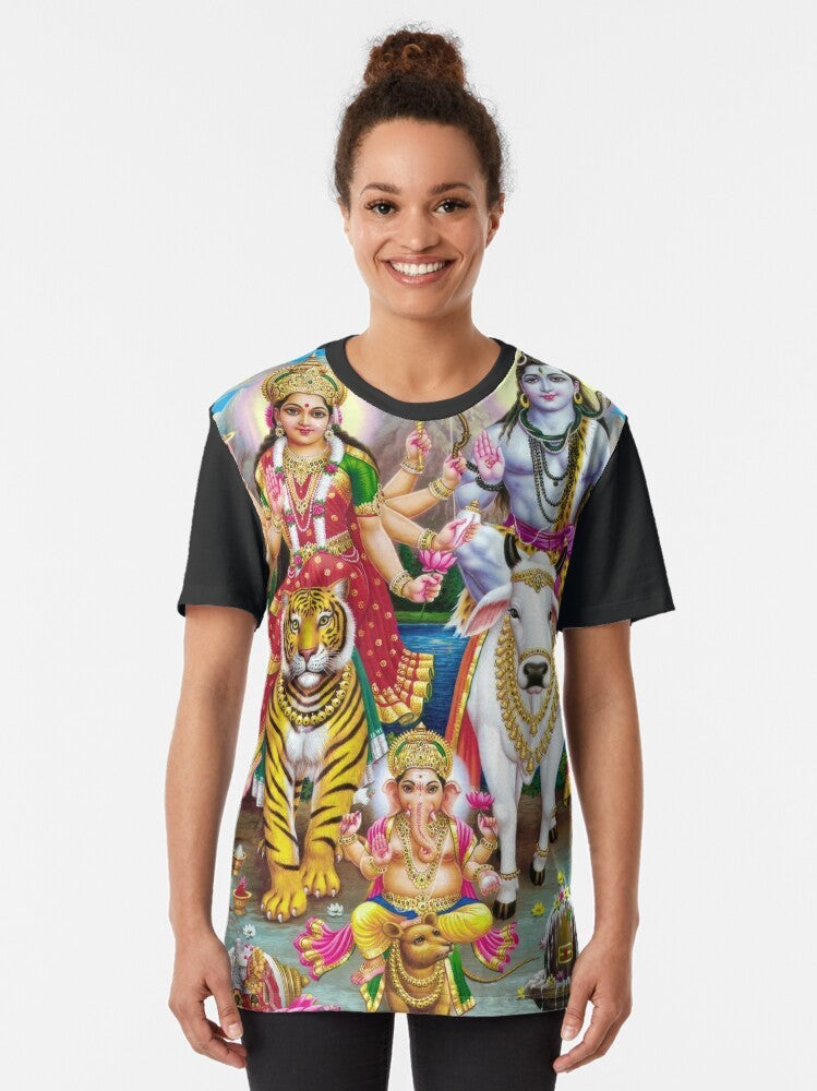 Hindu deities Shiva, Parvati, and Ganesha depicted in a colorful graphic design on a t-shirt - Women