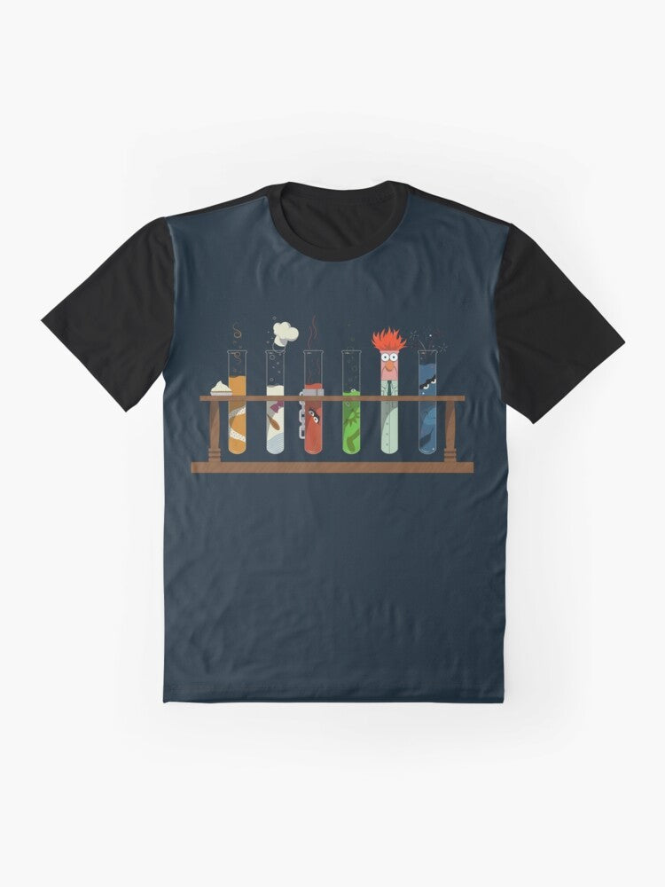 Muppet Science - Chemistry Graphic T-Shirt featuring Kermit, Fozzy, and other Muppet characters in a vintage science lab setting - Flat lay