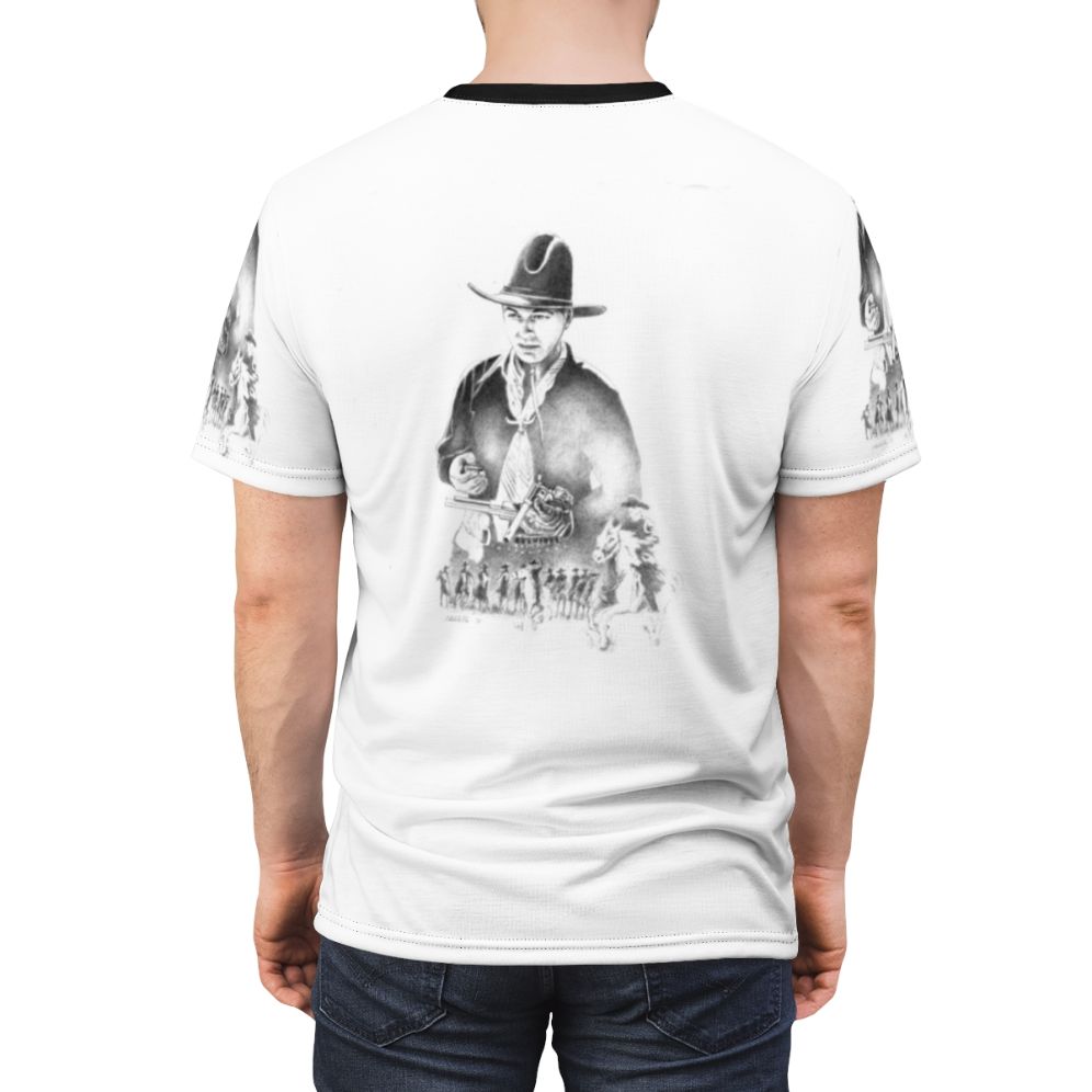 Vintage-style graphic t-shirt featuring a black and white illustration of Hopalong Cassidy, the iconic cowboy character from classic Western TV shows and films. - men back