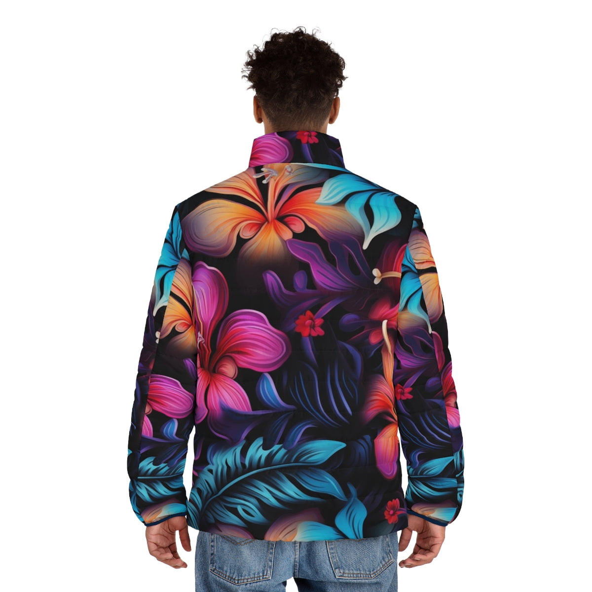 A dark puffer jacket with a vibrant Hawaiian pattern and bioluminescent-inspired floral design - men back