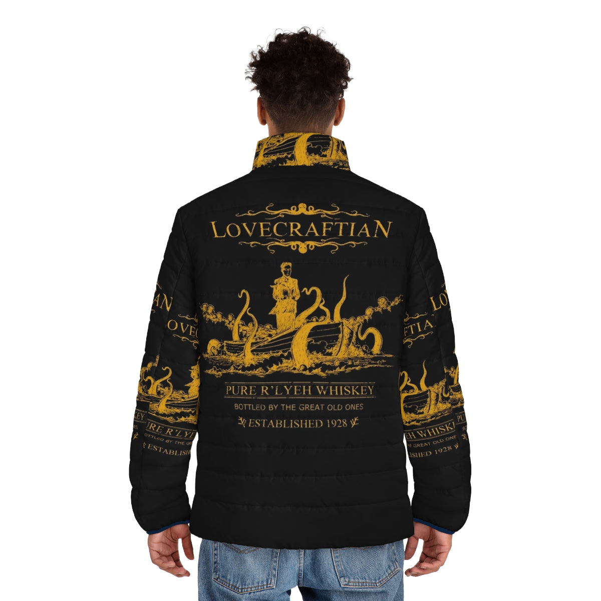 Lovecraftian puffer jacket with R'lyeh whiskey design, inspired by H.P. Lovecraft's Cthulhu mythos - men back