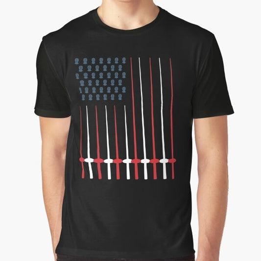 Patriotic fencing USA flag graphic t-shirt design with sword and fencing elements