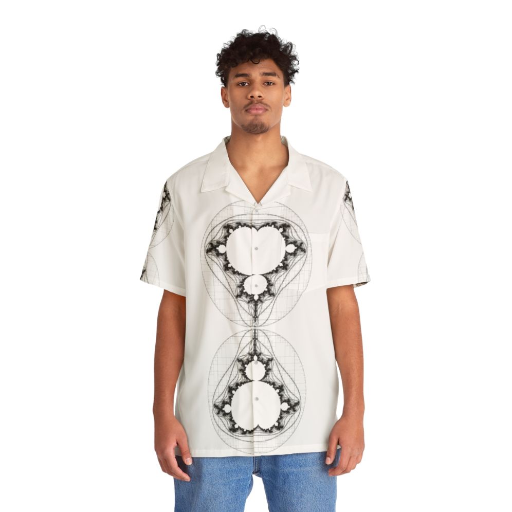 Black linear mandelbrot pattern Hawaiian shirt - People Front