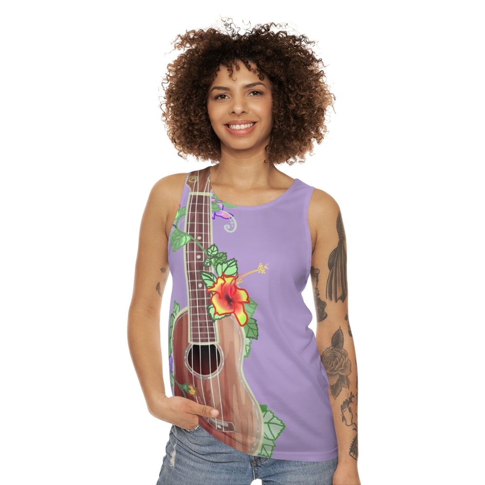 Koa ukulele inspired unisex tank top with floral design - women