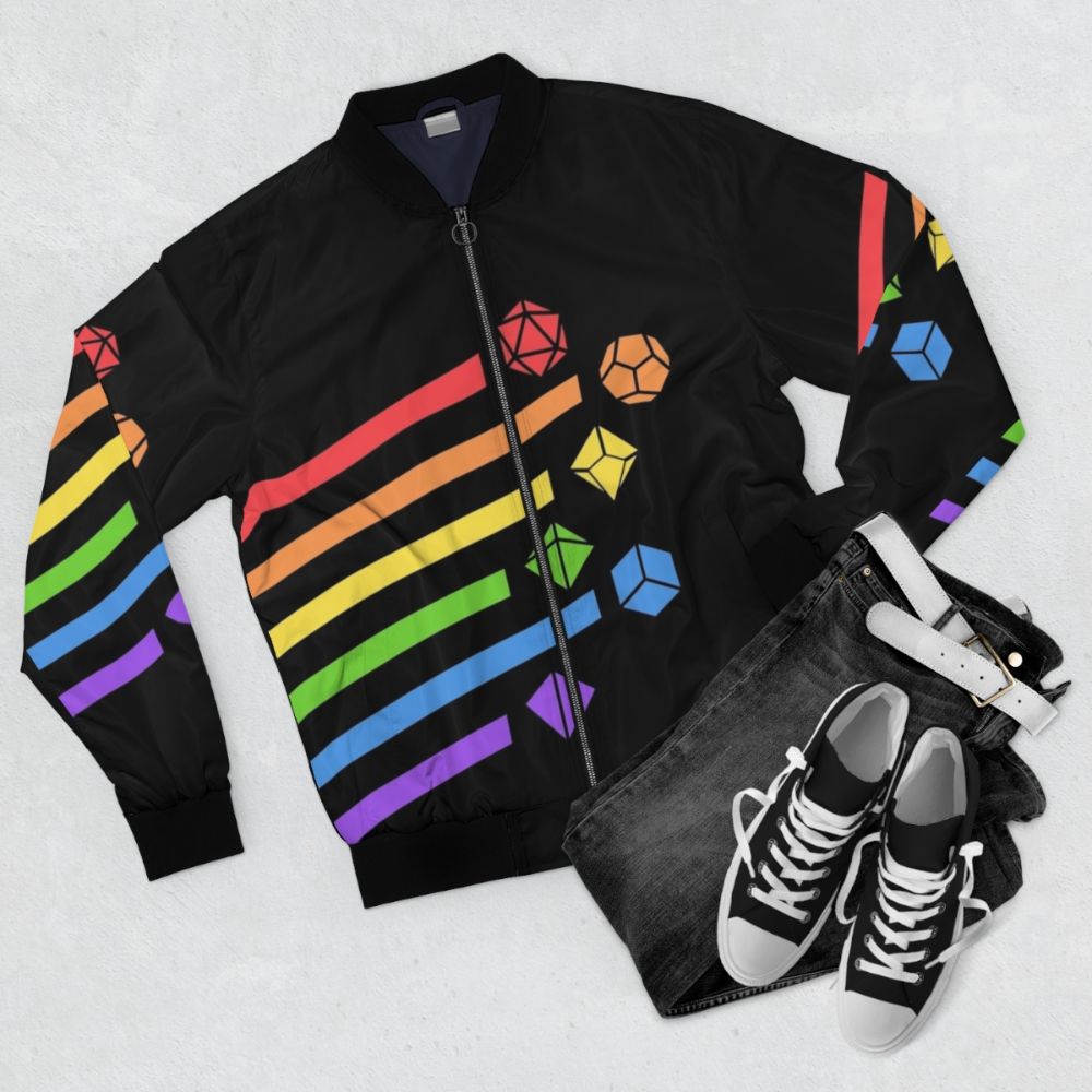 Colorful bomber jacket featuring a design with dice and Dungeons & Dragons elements for tabletop RPG gaming enthusiasts. - Flat lay