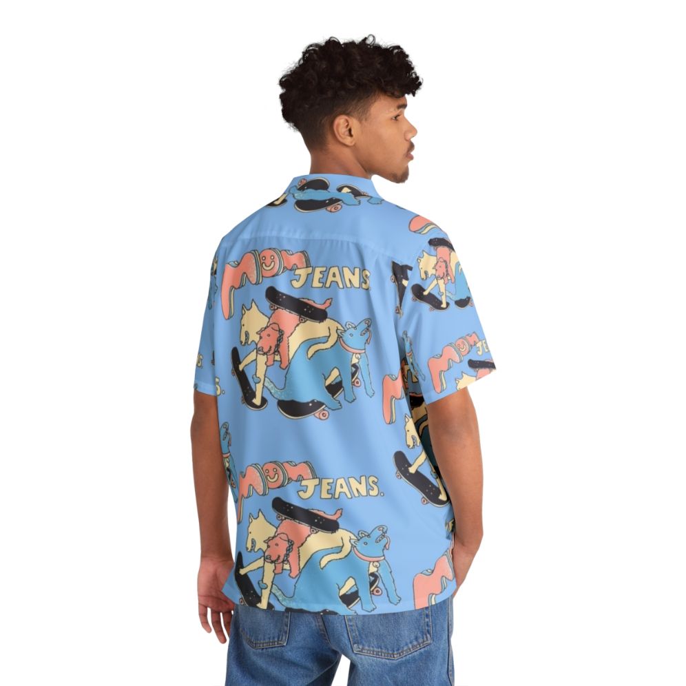 Vibrant Hawaiian shirt featuring a mom jeans band and puppy love design - People Back