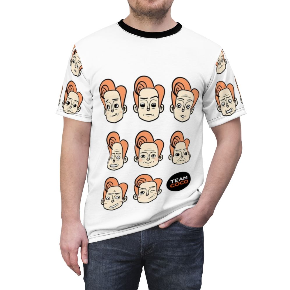 T-shirt featuring various expressions and faces of Conan O'Brien, the popular late-night TV host - men front