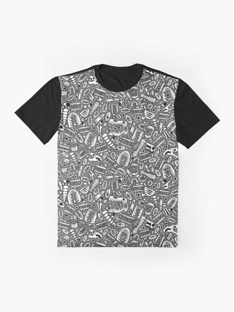 Crinoid fossil pattern graphic t-shirt with an 18th century ink drawing design - Flat lay