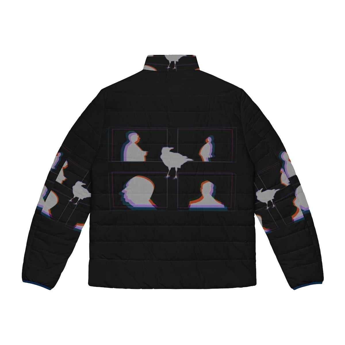 Alfred Hitchcock inspired puffer jacket with a crow design, featuring the iconic director's silhouette. - Back