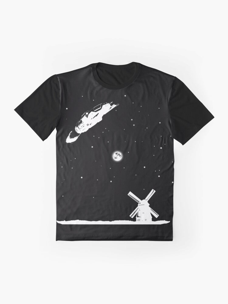 "The Expanse Rocinante Sci-Fi Graphic T-Shirt featuring windmills and space imagery" - Flat lay