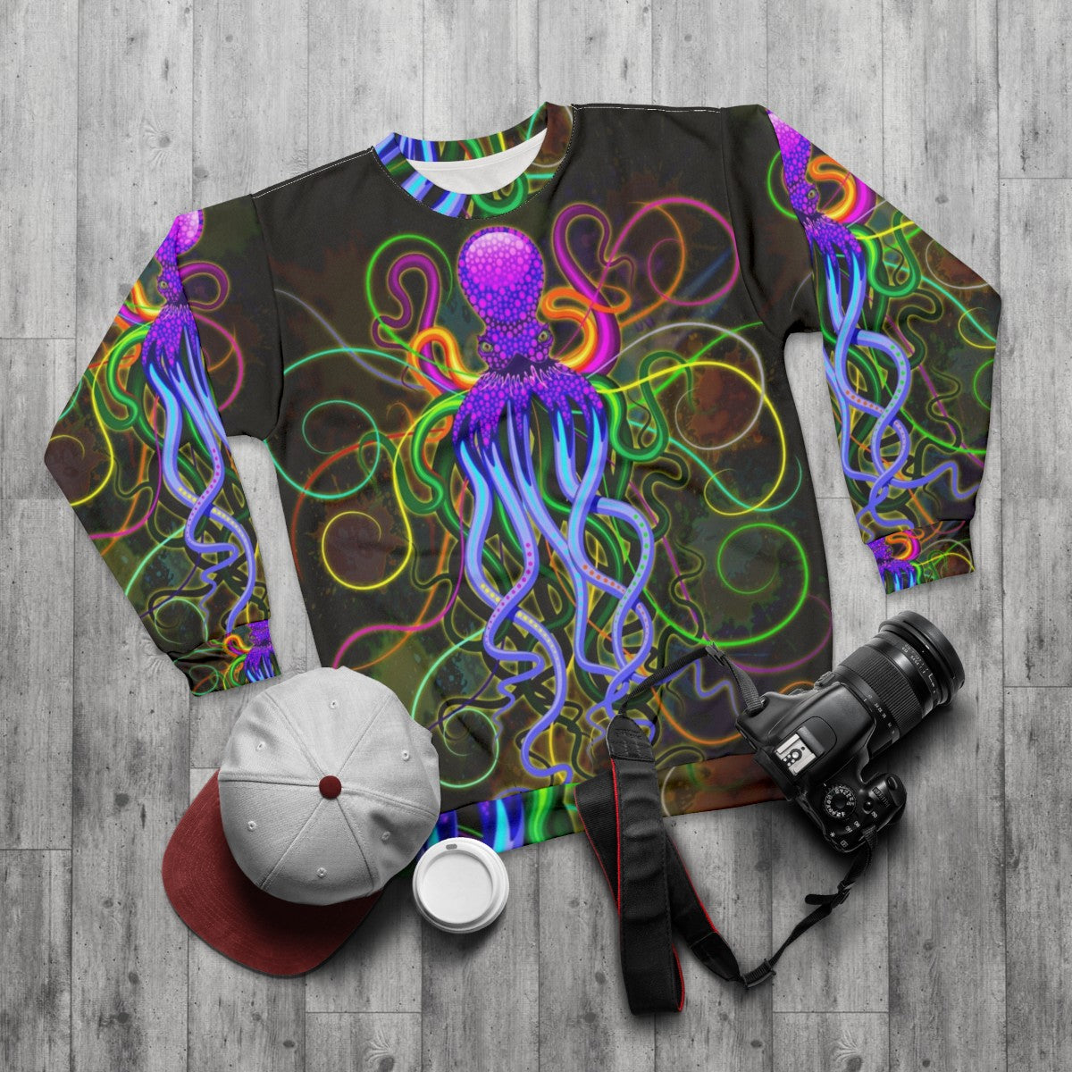 Luminescent octopus psychedelic sweatshirt - flat lay