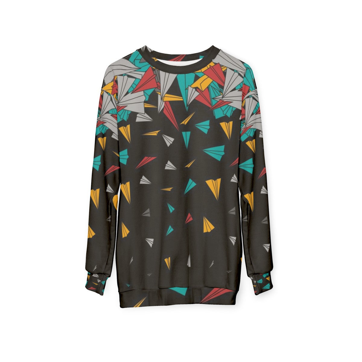 Geometric paper plane design on a colorful sweatshirt - hanging