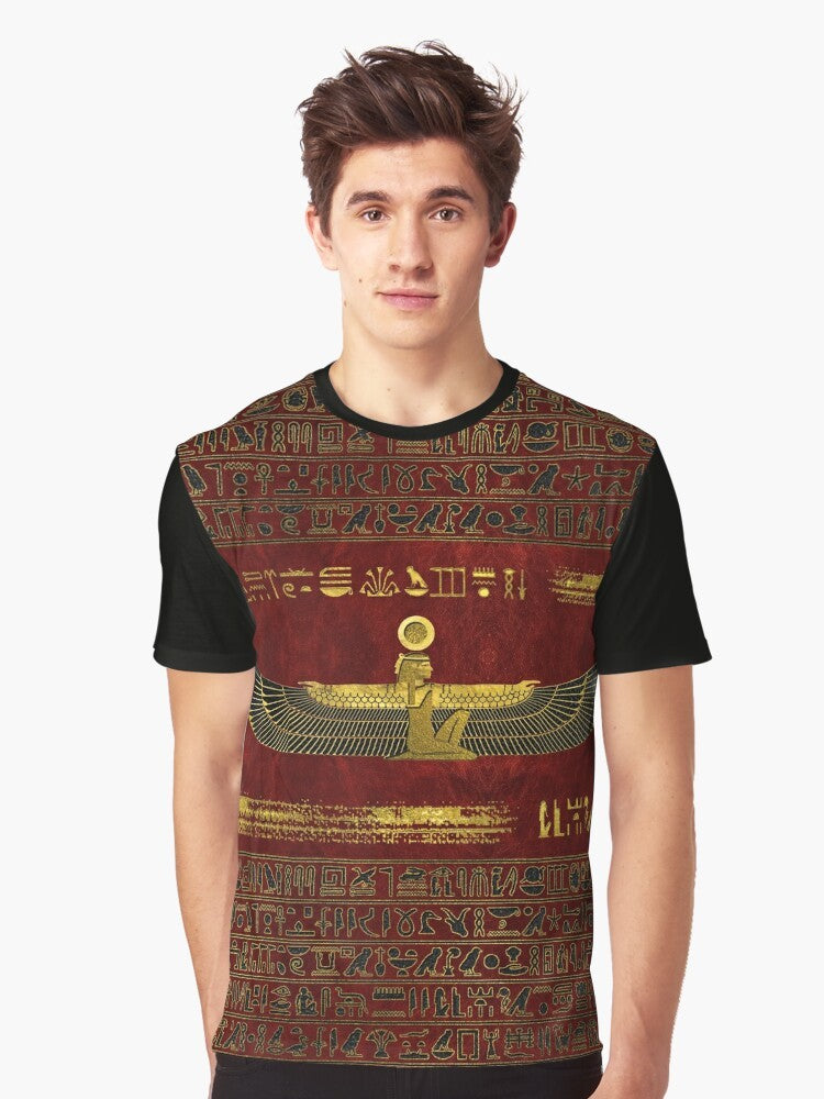 Graphic t-shirt featuring a gold Egyptian god ornament on a red leather background - Men