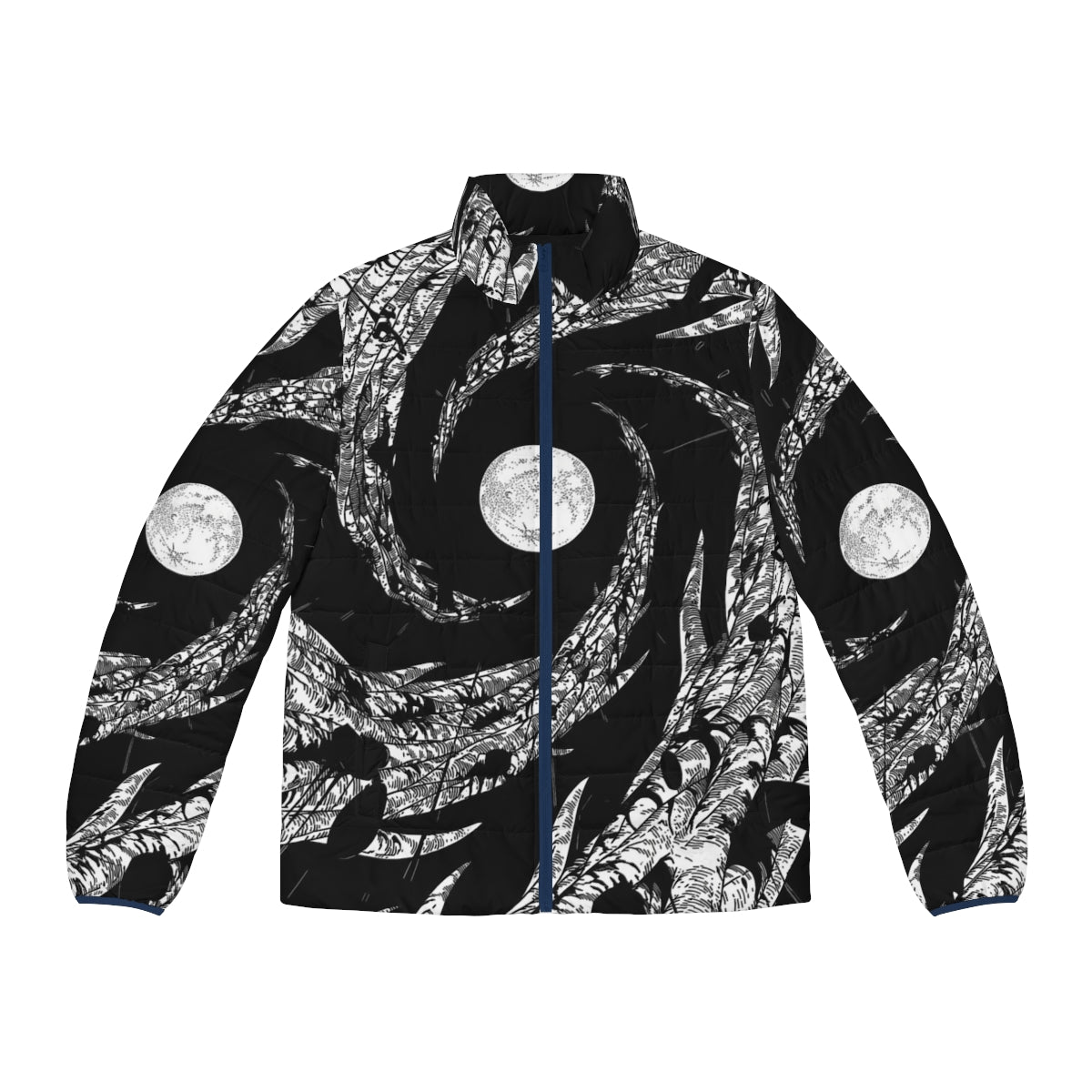 Dark Moon Puffer Jacket with Nature, Anime, and Japanese Inspired Designs