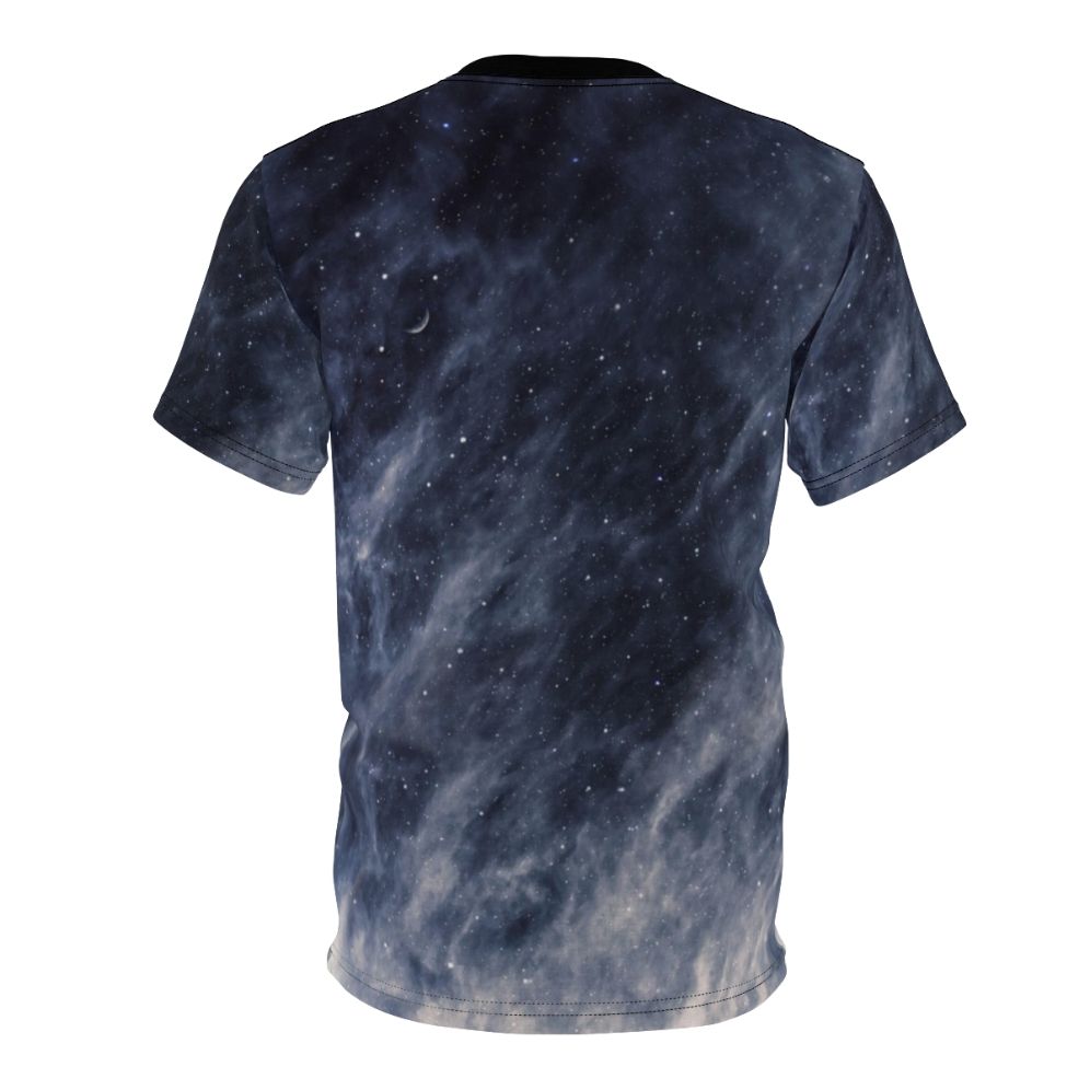 A t-shirt featuring a surreal, moody blue sky with clouds and a crescent moon. - Back