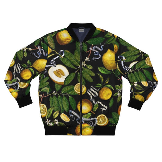 Lemon Tree Black Bomber Jacket with Tropical Leaf Design