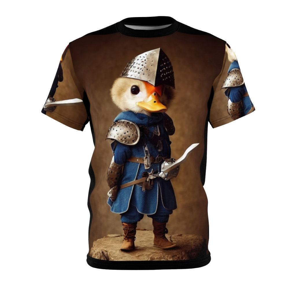 Stylized knight duck illustration on an all-over-print t-shirt