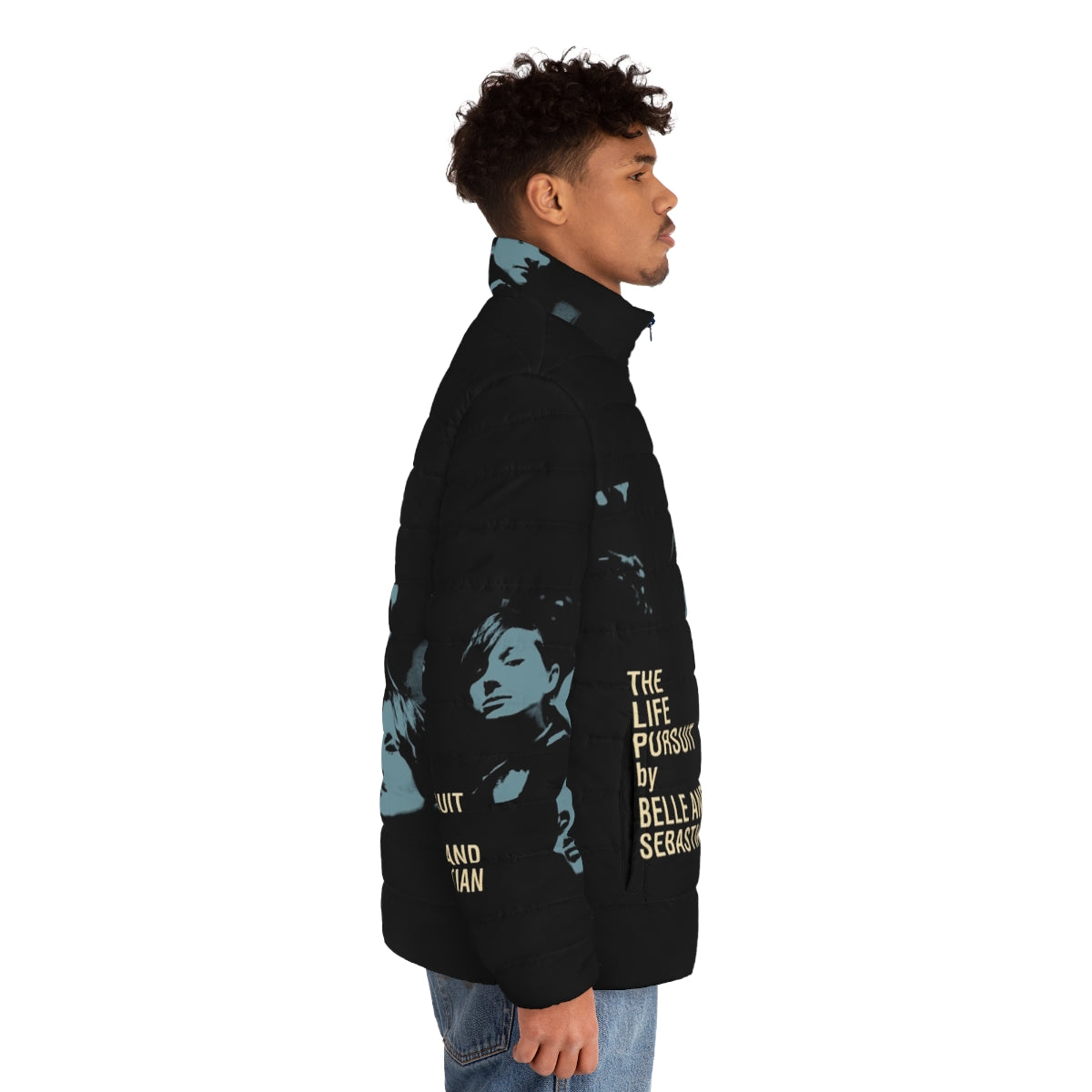 Belle and Sebastian inspired puffer jacket with indie band design - men side right