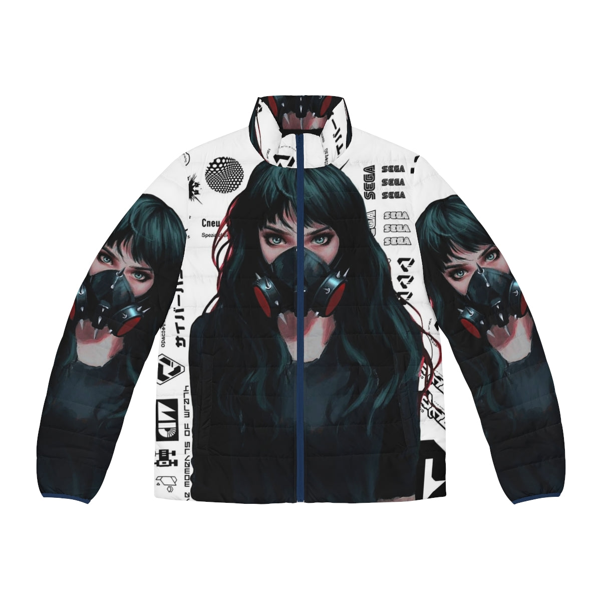 Cyberpunk gamer girl wearing a puffer jacket with futuristic and vaporwave design patterns