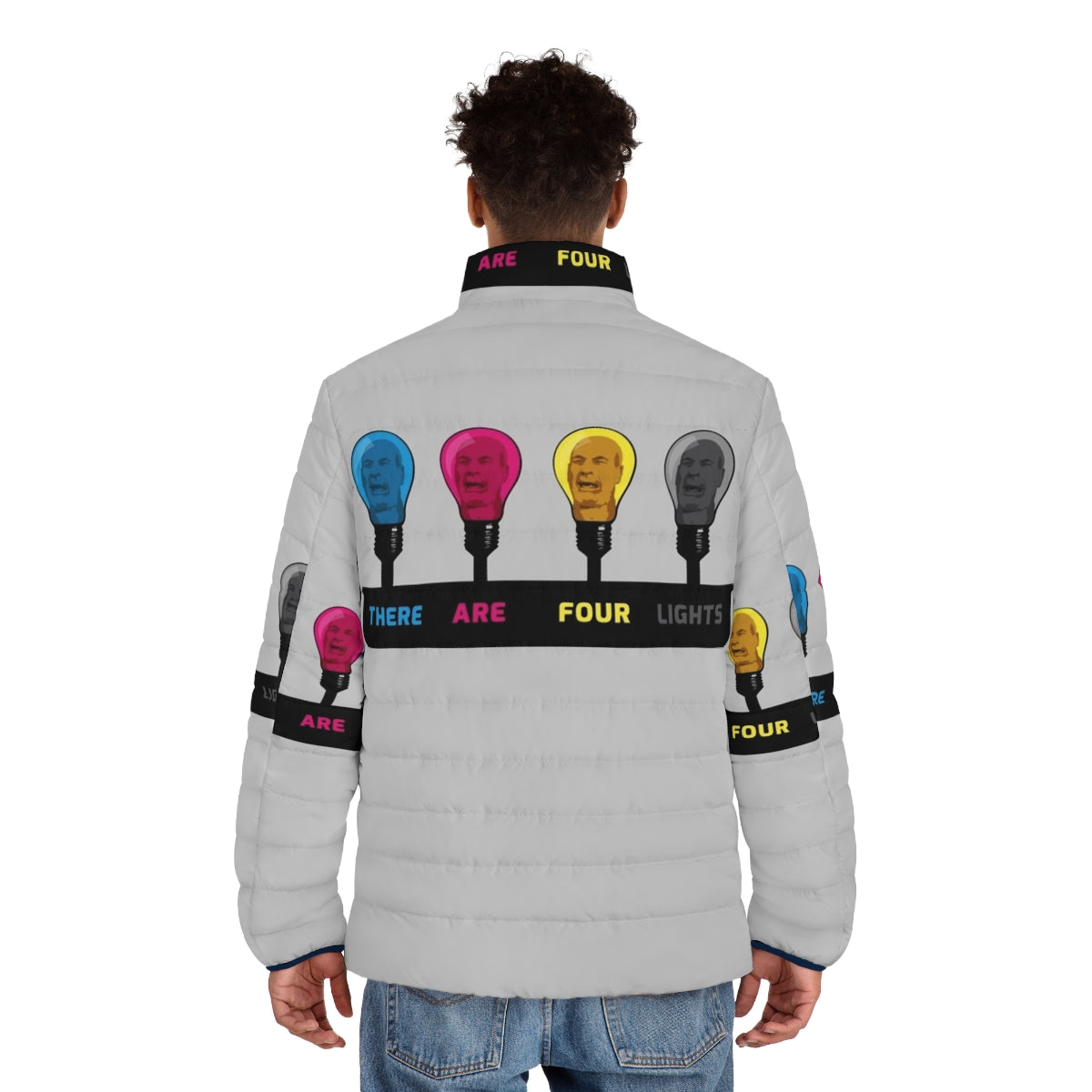 Colorful CMYK puffer jacket with 'There Are Four Lights' sci-fi inspired design - men back