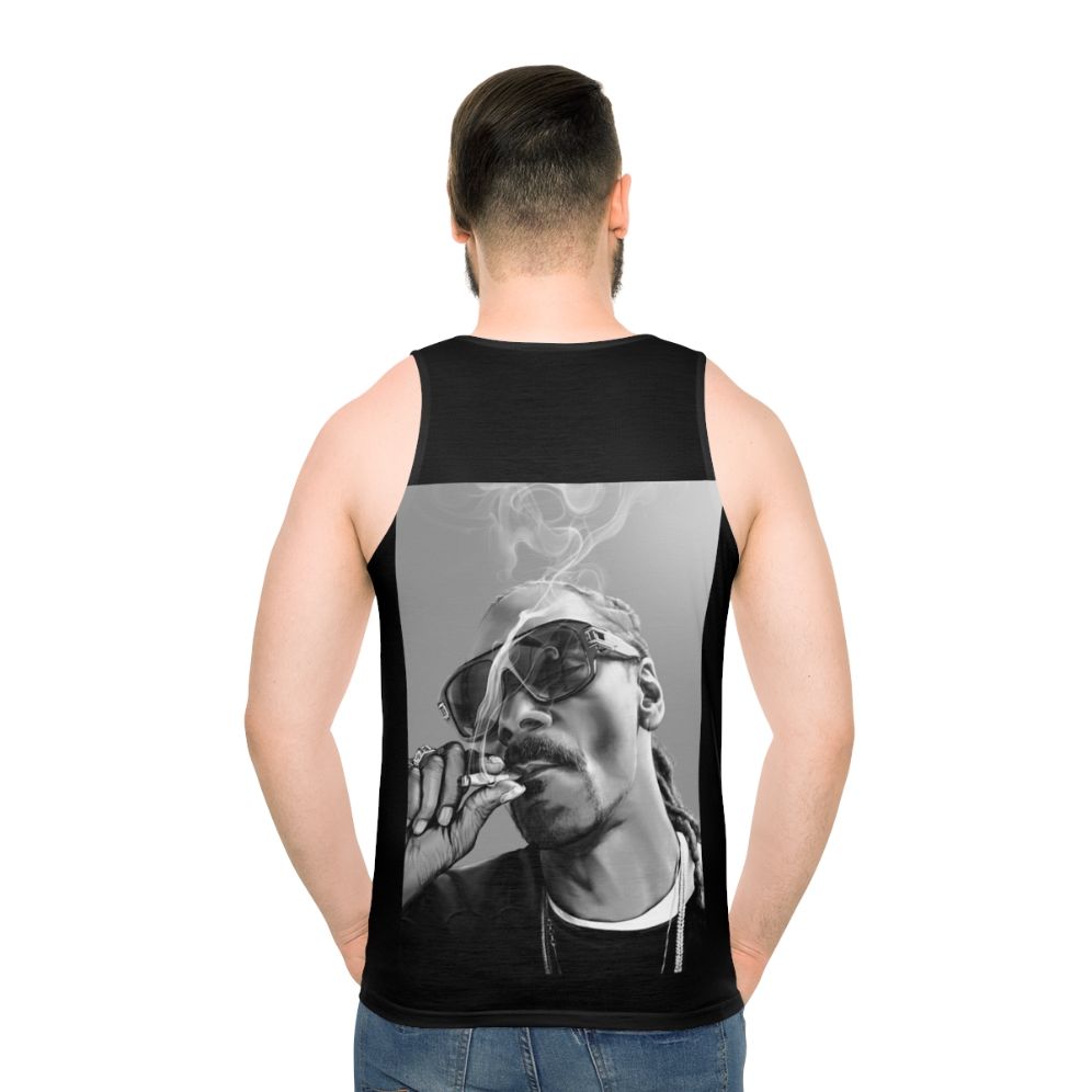 Snoop Dogg inspired unisex tank top with cannabis graphic design - men back