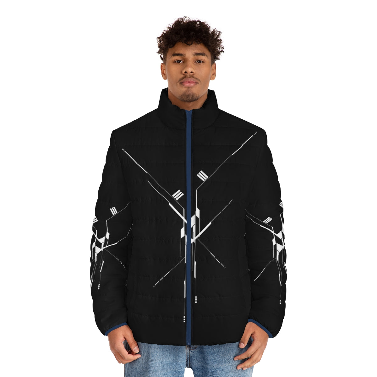 Futuristic geometric puffer jacket with abstract lines and modern design - men front