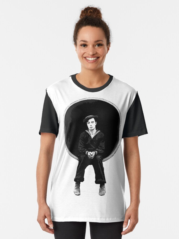 Vintage graphic tee featuring Buster Keaton, the iconic silent film comedian, from the movie "The Navigator" - Women