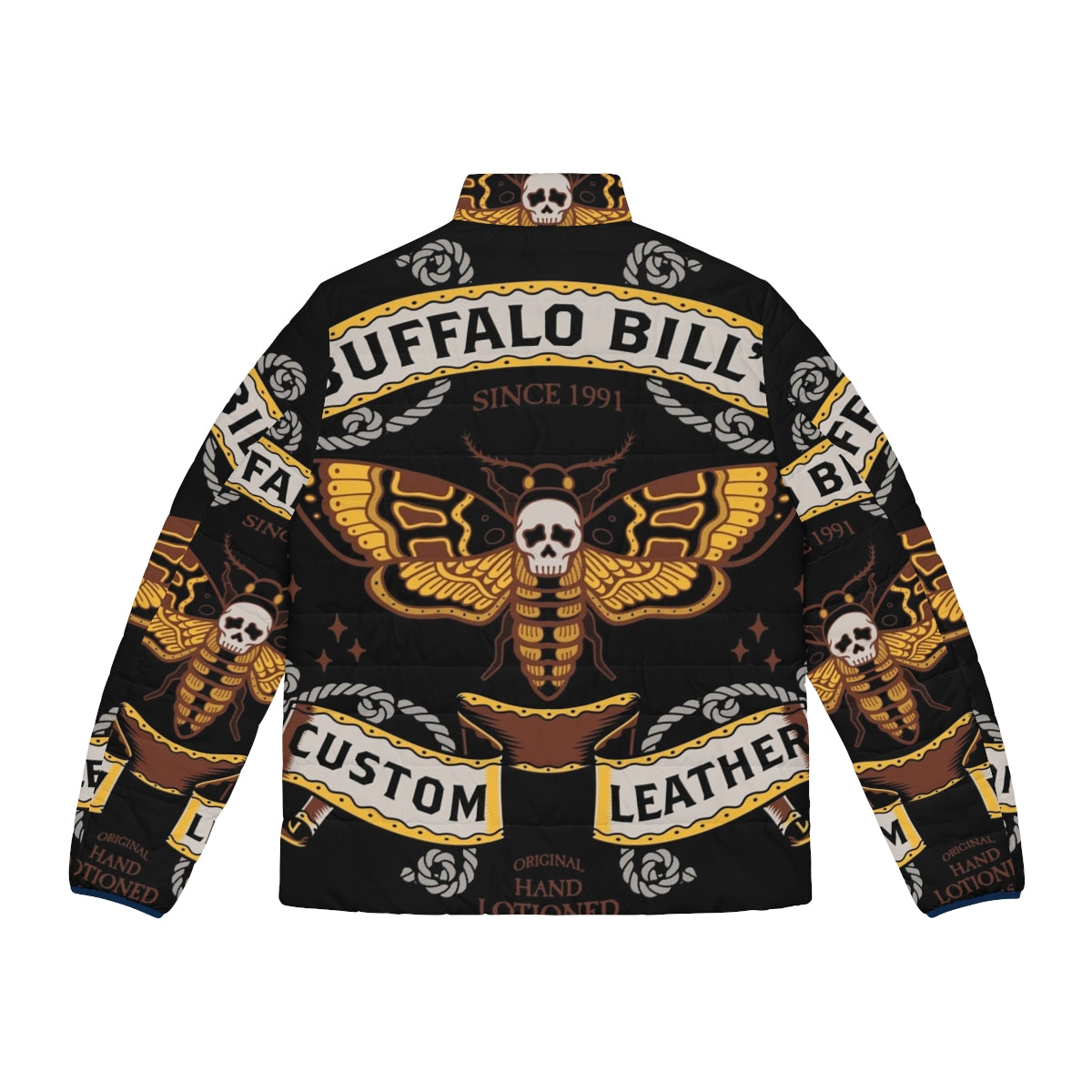 Leather puffer jacket with gothic "Buffalo Bill" inspired design and death's head hawkmoth motif - Back