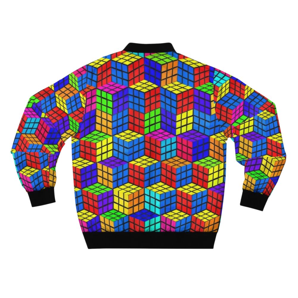 Colorful retro bomber jacket with Rubik's cube and Escher-inspired illusion design - Back