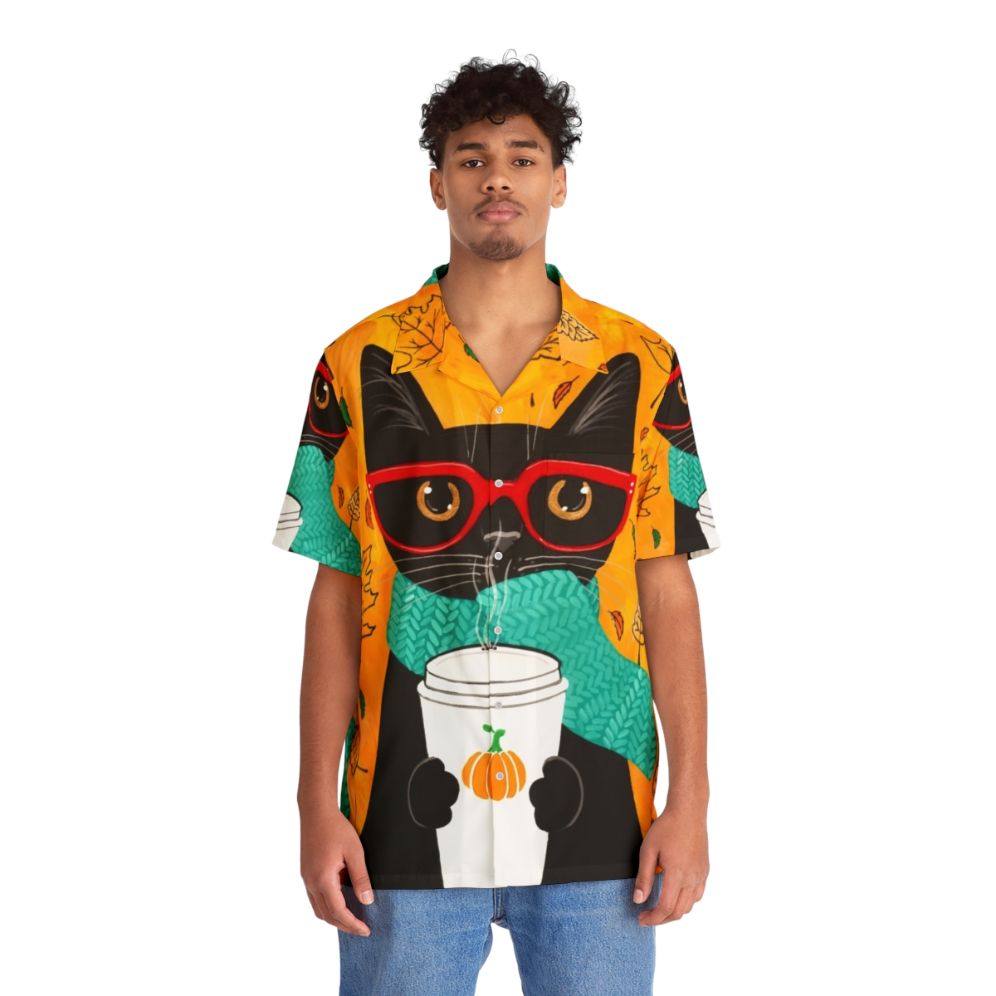 Autumn Pumpkin Coffee Cat Hawaiian Shirt - People Front