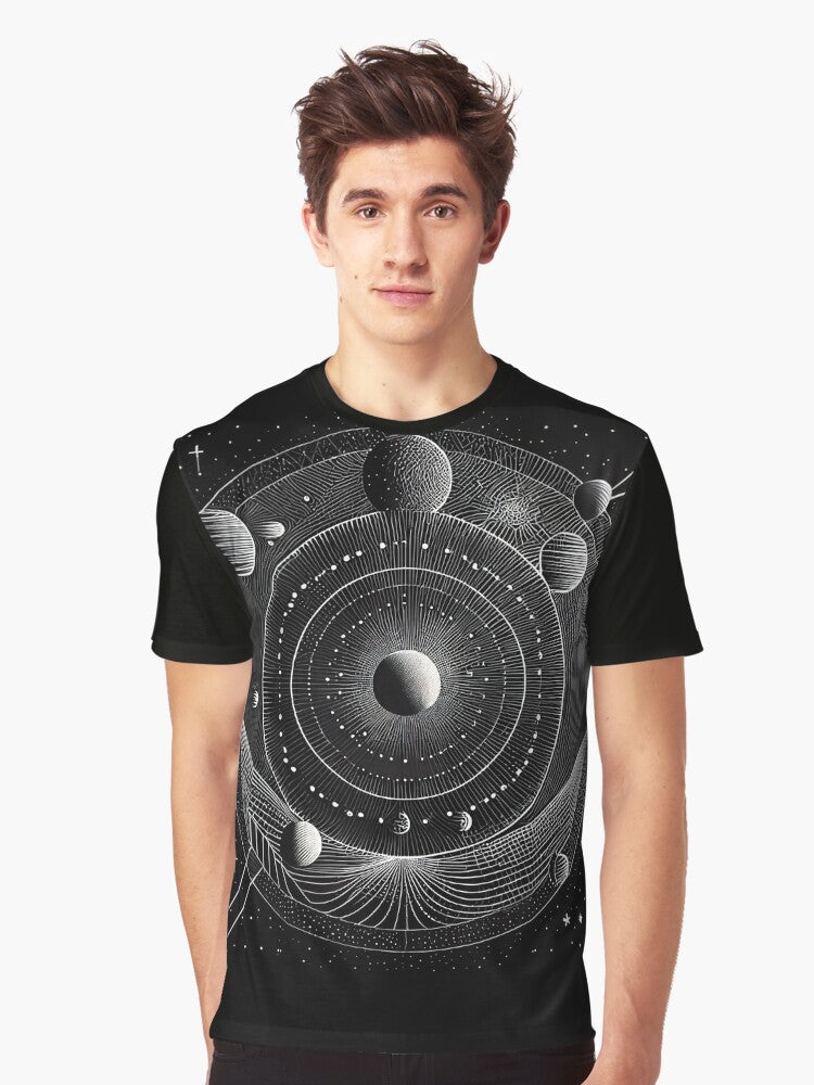 Monochrome graphic t-shirt design featuring a geometric representation of the solar system with planets, sun, and other celestial objects. - Men