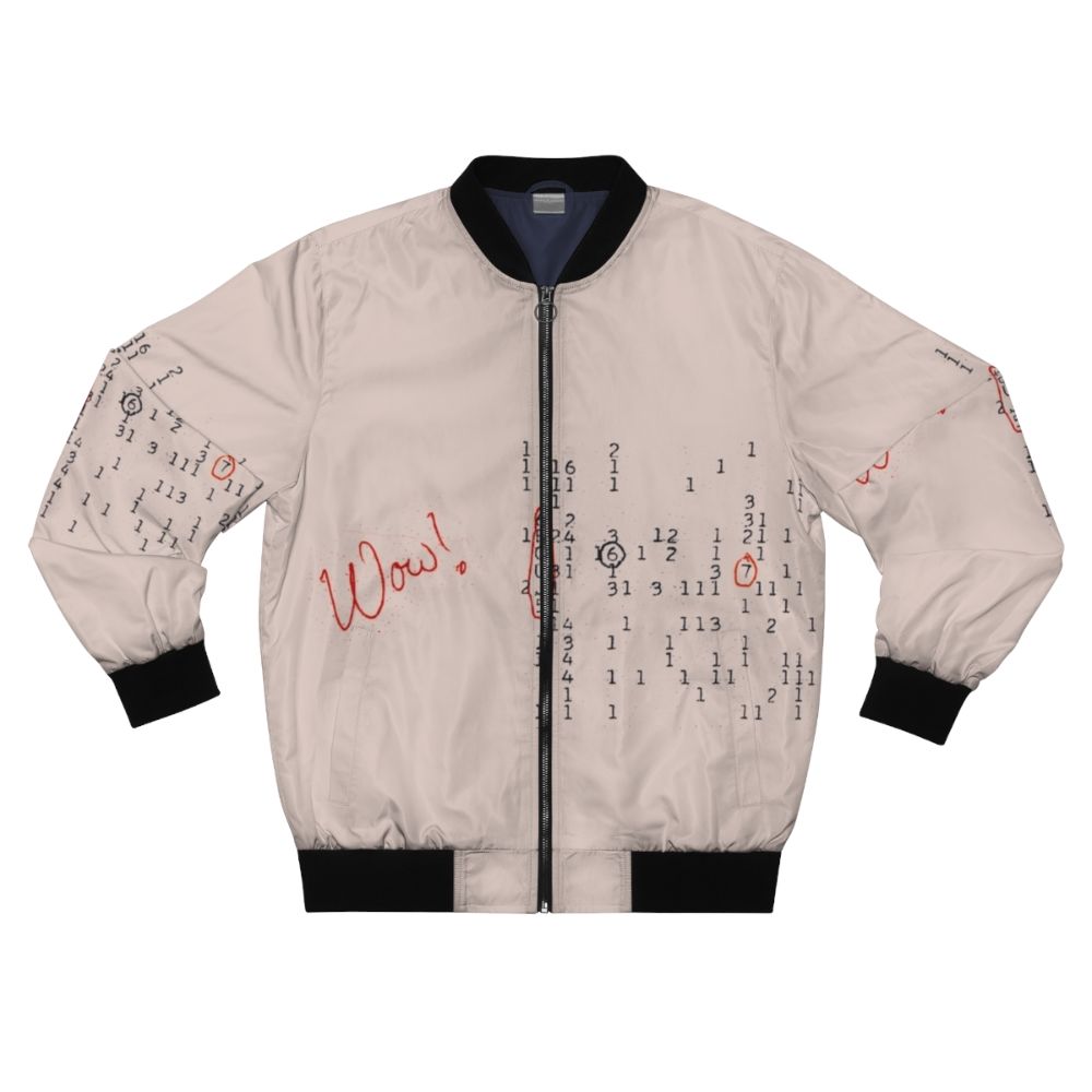 Wow Signal Extraterrestrial Bomber Jacket featuring a graphic design inspired by the famous Wow! signal, a potential extraterrestrial radio signal.