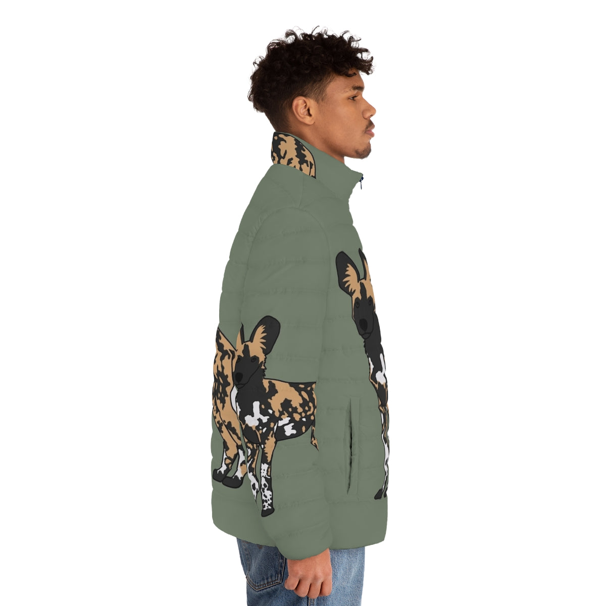 African Painted Dog Puffer Jacket featuring the stunning and unique wild canid - men side right