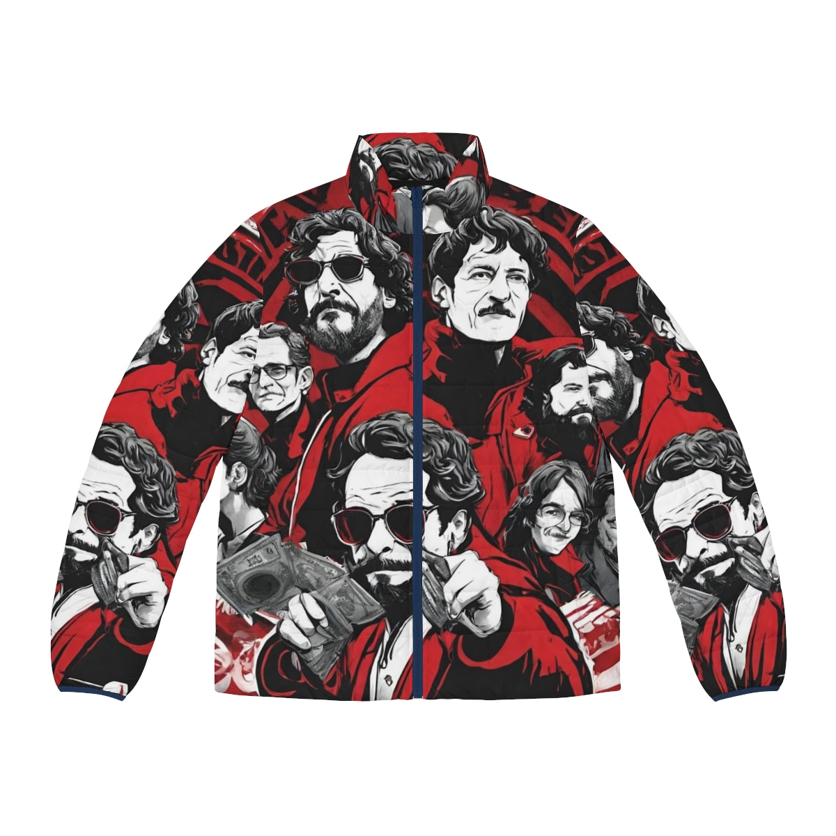 "Money Heist Inspired Puffer Jacket featuring fan art of the show's characters"