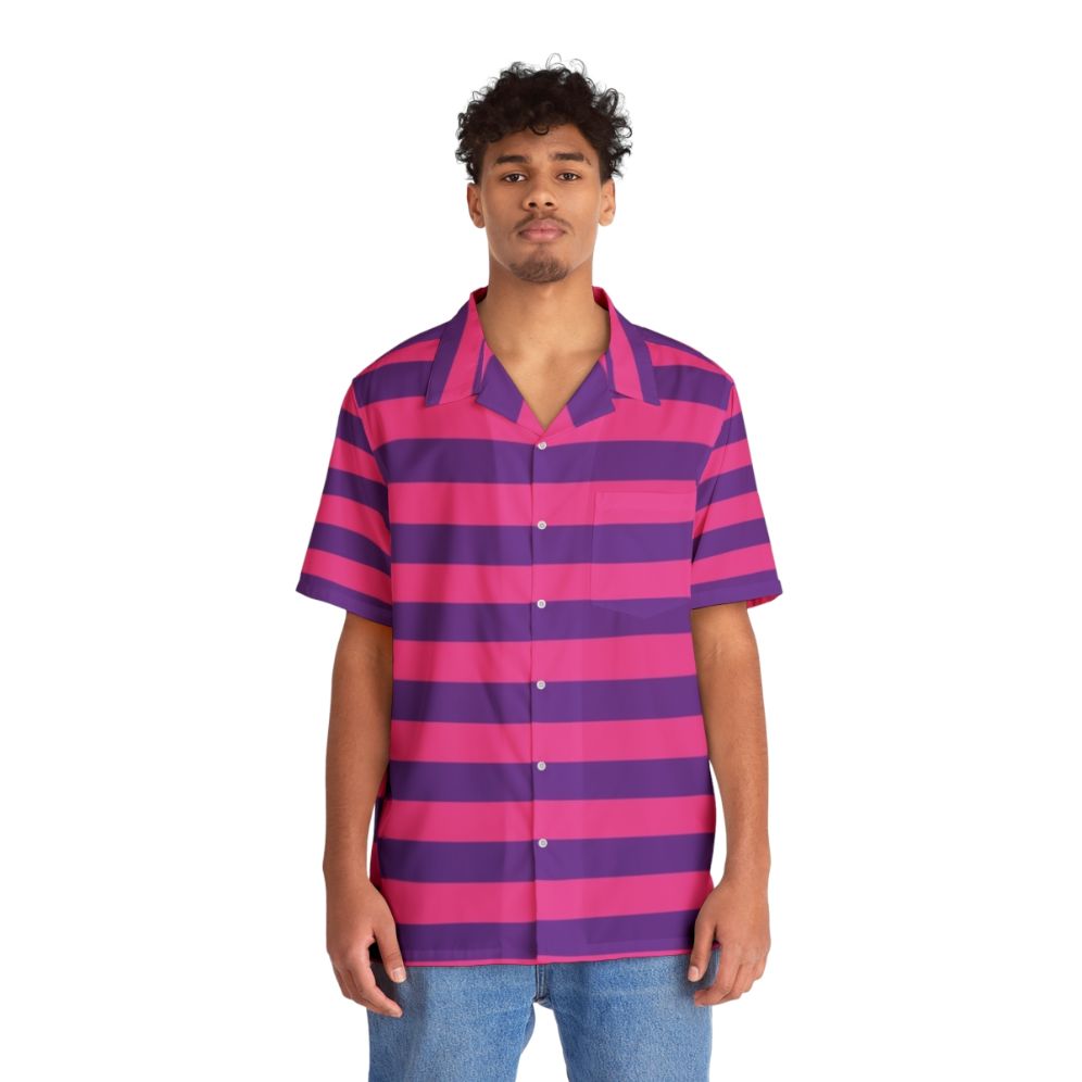 Pink and purple striped cheshire cat Hawaiian shirt - People Front