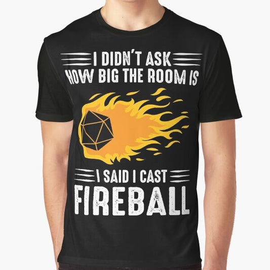 Fireball Wizard Sorcerer TTRPG Graphic T-Shirt featuring a magical fireball spell and fantasy role-playing game elements.