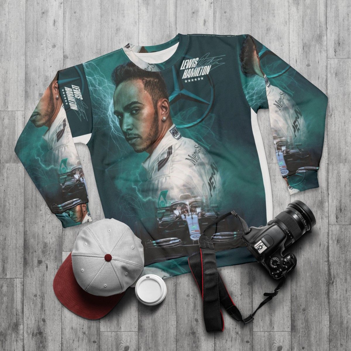 Lewis Hamilton in Mercedes AMG Formula 1 car wearing a world champion sweatshirt - flat lay