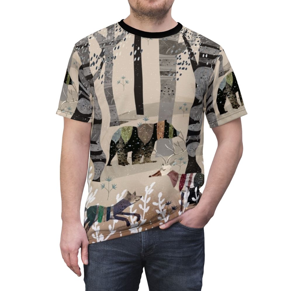 Whimsical forest animals watercolor illustration on a t-shirt - men front