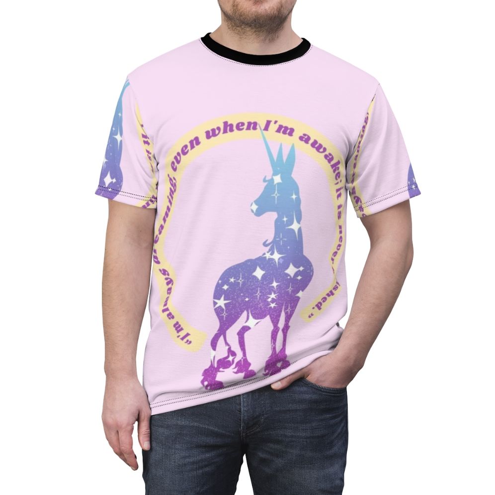 Artistic depiction of Lady Amalthea, the last unicorn, in a dreamy 80s fantasy design on a high-quality t-shirt - men front