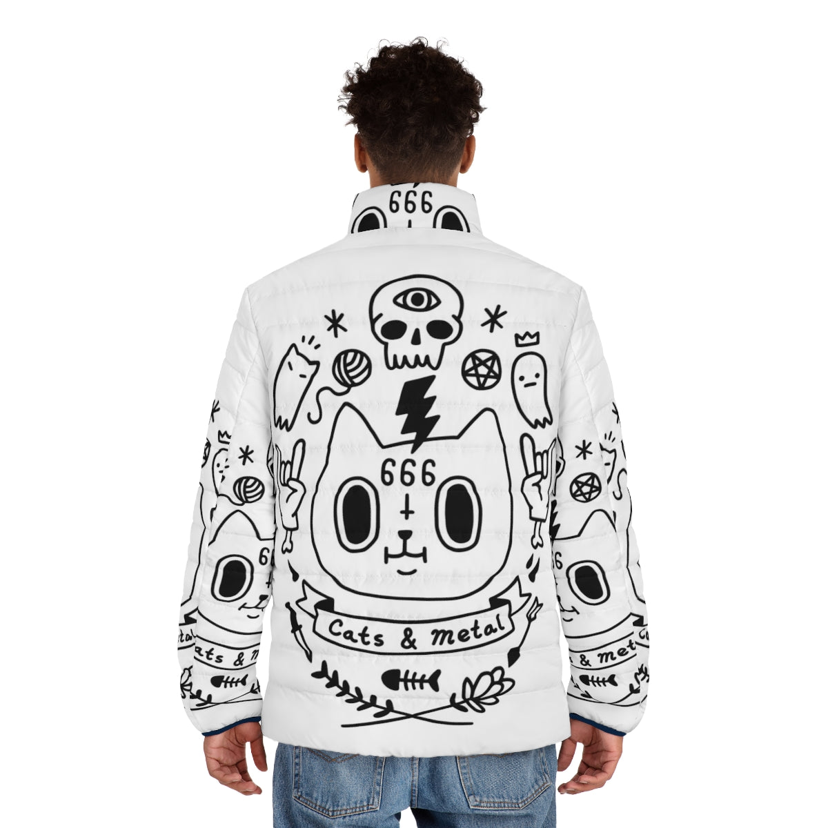 Gothic puffer jacket with cats and heavy metal design - men back