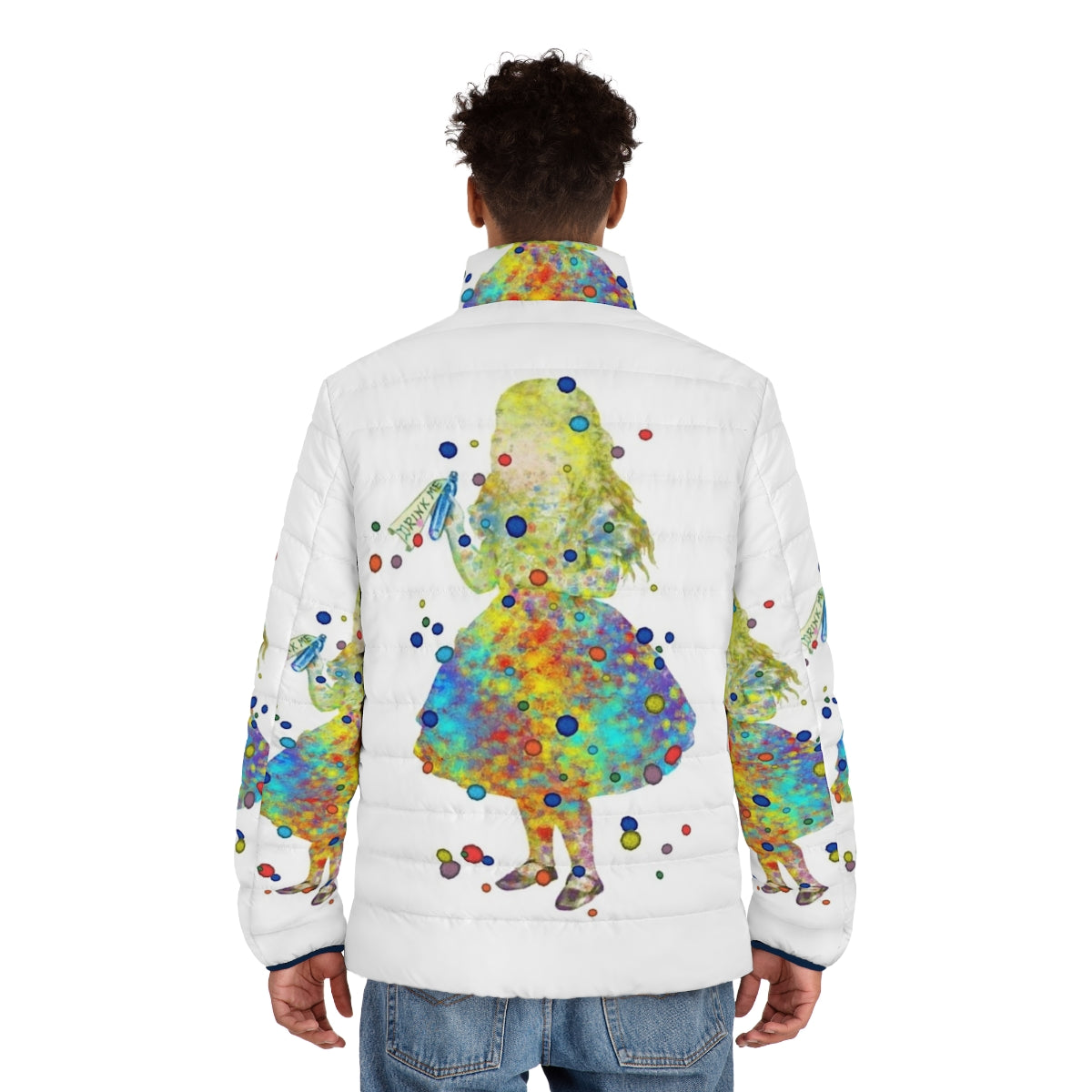 Colorful "Alice in Wonderland" watercolor art puffer jacket with a mad cat design - men back